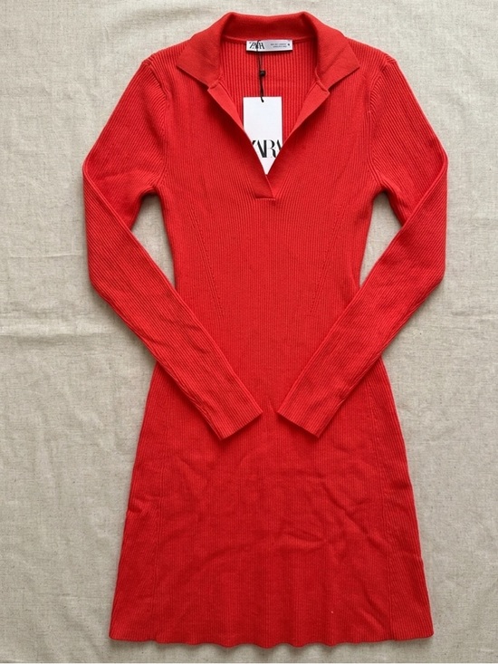 Zara Dresses & Skirts - Zara Red Orange Ribbed Knit Mini Dress Polo Collar Bodycon Long Sleeve Medium